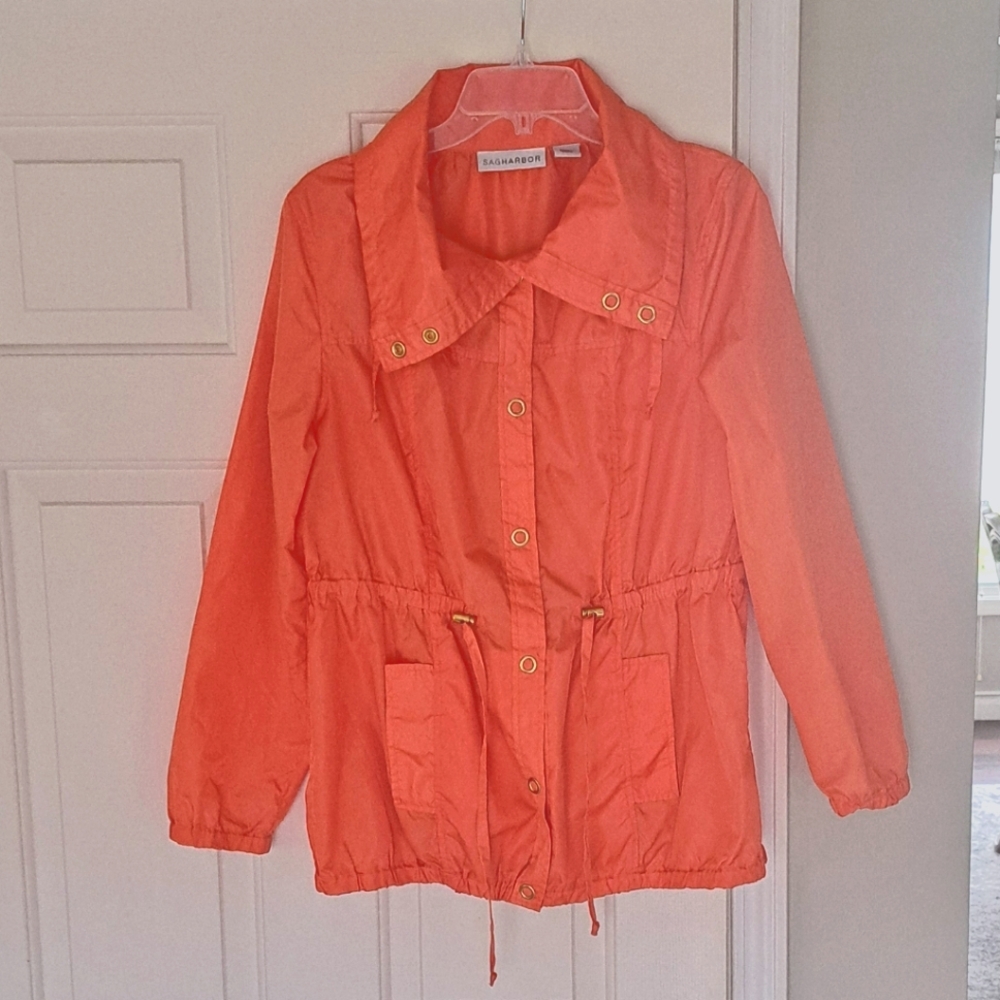 Sag Harbor lightweight orange rain jacket hip length. Size Small.